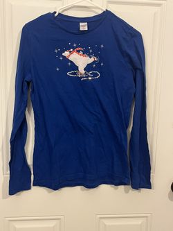 Women’s Medium 100% Cotton Skating Polar Bear Blue Winter Long Sleeve Shirt GUC