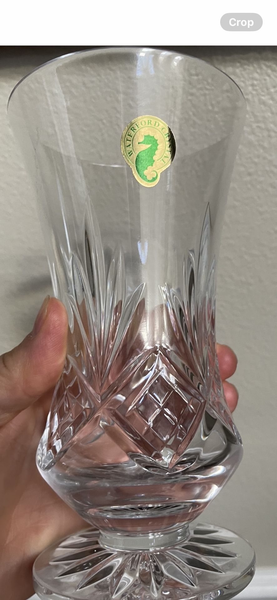 Waterford Kelly Crystal Wedge & Diamond Cut Footed FTD Kelly Vase 6”T