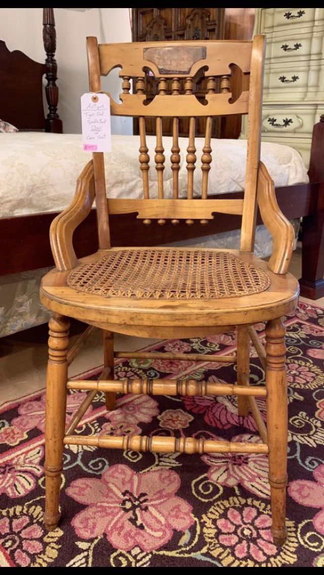 Antique Tiger Oak Spindle Back Chair w Cane Seat