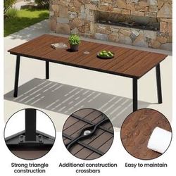 Outdoor Dining Table for 6, 70' Rectangular Patio Table with Metal Frame 1.6" Umbrella Hole for Backyard Balcony Garden, Walnut