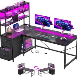 216 DurayLoly 55''Gaming Desk L Shaped Desk with 3 Fabric Drawers & Shelf, Reversible Computer Desk with Remote LED Lights, Power Outlet of Home Offic