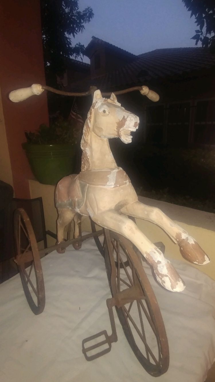 Antique hand carved wood horse tricycle