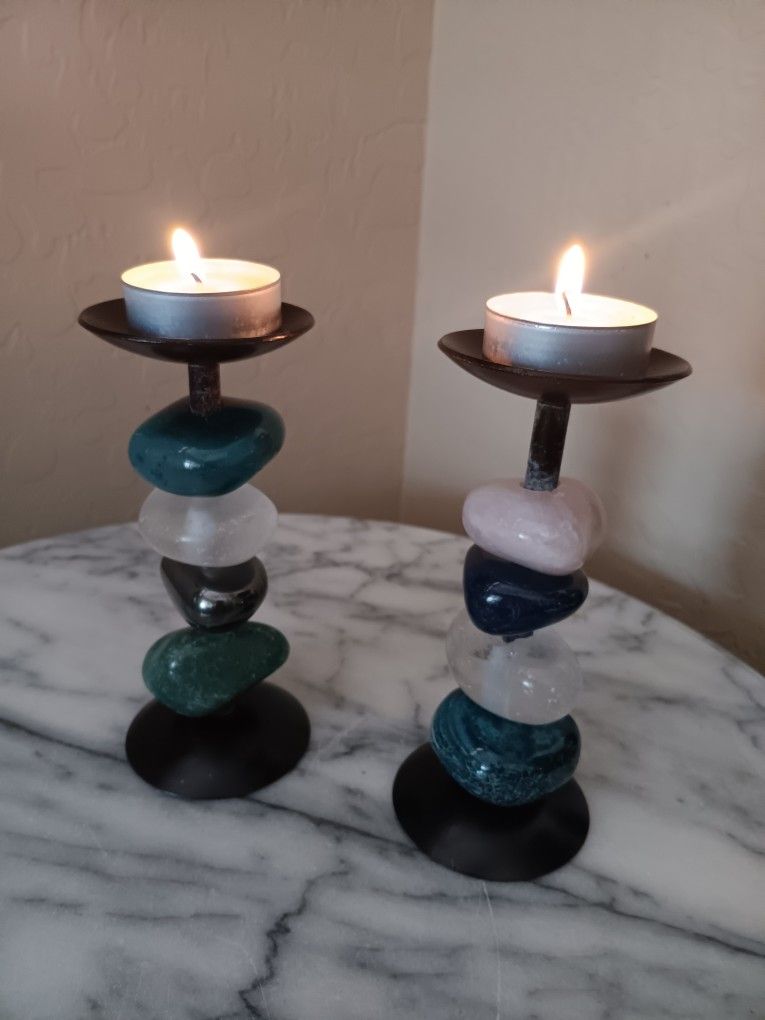 $24 Pair of Unique Polished Rock Black Metal Base Votive Sculpture Candle Holders 5" Tall