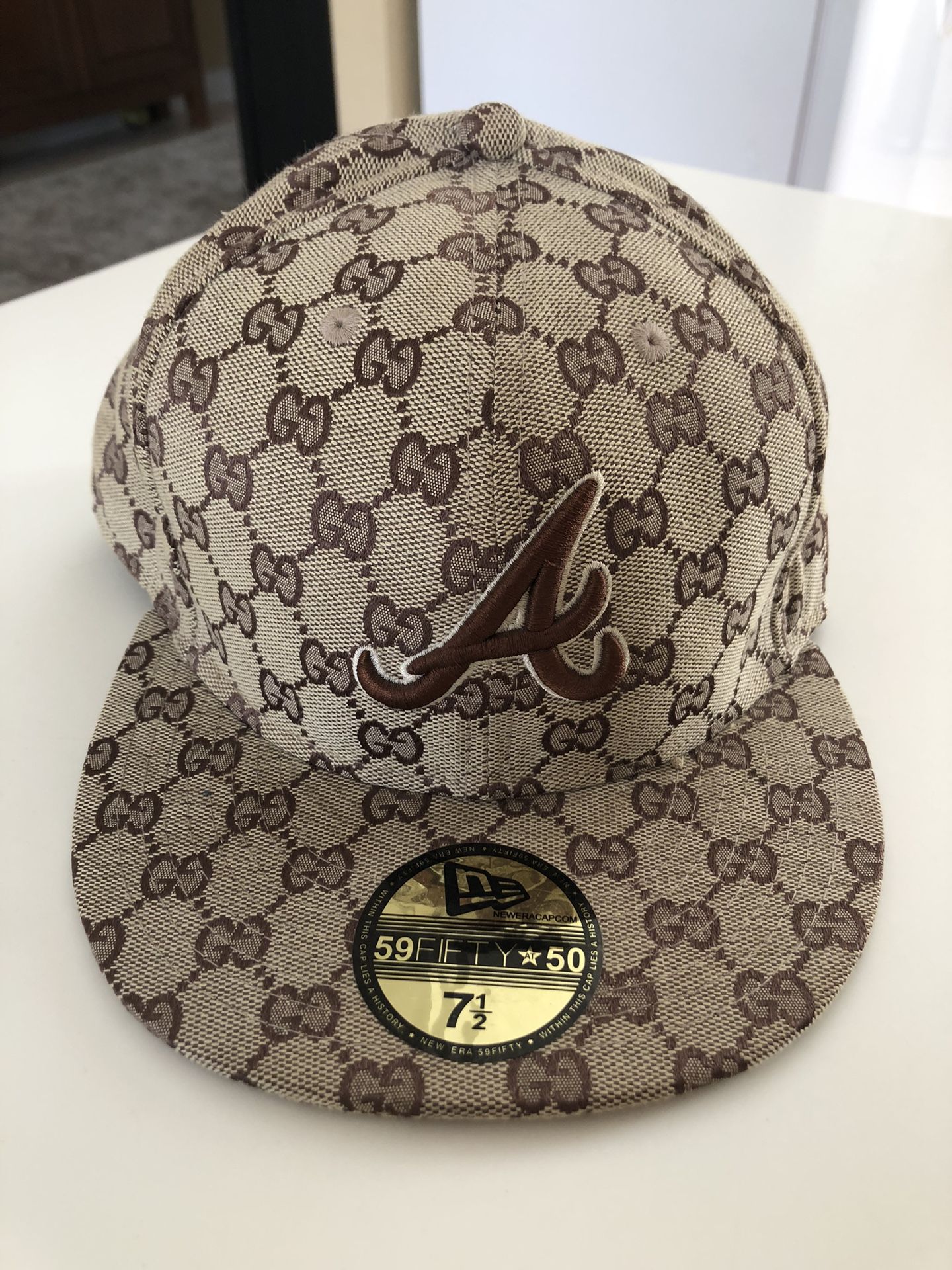 Atlanta Braves Hat Baseball Cap Fitted 7 3/8 New Era Brown Leather