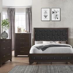 5 PC  Brown Oak & Velvet Bedroom Set 