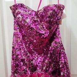 Pink Silver Fuschia Strapless Sequined High Low Dress Size 8