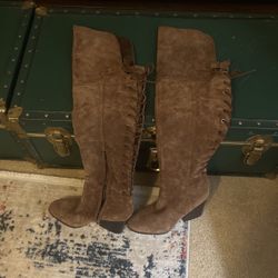 Circus TATUM Thigh High Suede Boots Walnut Lace Up Zip