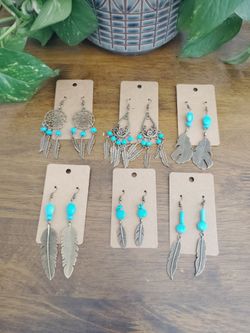 Handmade Boho Composite Turquoise & Feather Dangle Earrings