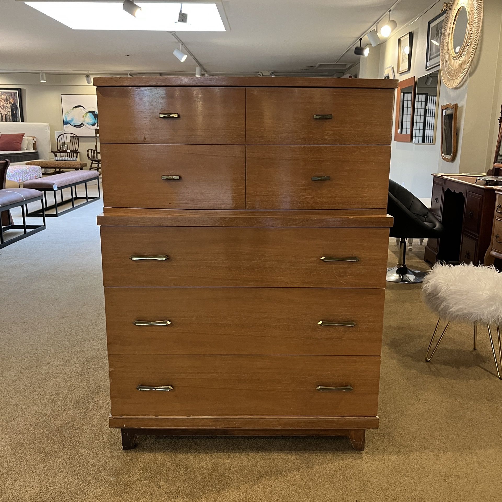 1950 Blonde Wood 6 Drawer Highboy