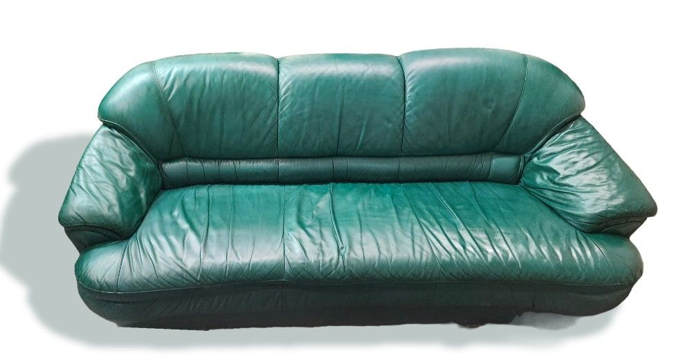 💖Beautiful Art-Deco Green 100% Leather Curved Sofa/Couch🛋 For $ale