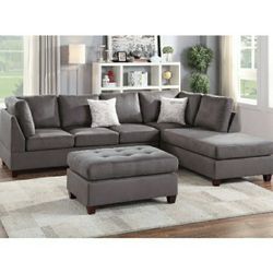 Gray Microfiber 3 Piece Reversible Sectional sofa set Cocktail Ottoman included 2 accent pillows Firm Price $800 Financing Available 