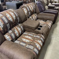 Couch and reclining Love Seat with Console
