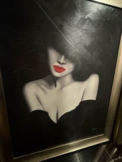 Framed Woman Portrait Painting Red Lips