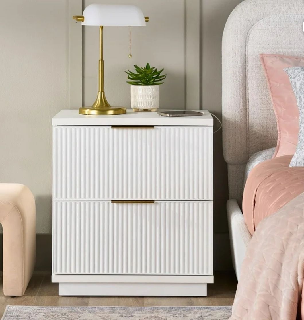 White 2 drawers nightstand with power station / usb - NEW