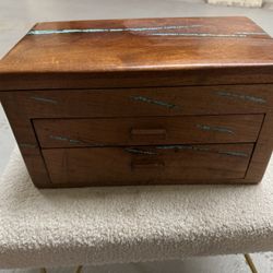 Handcrafted Wooden Jewelry Box with Turquoise Inlay, Mirror & Drawers