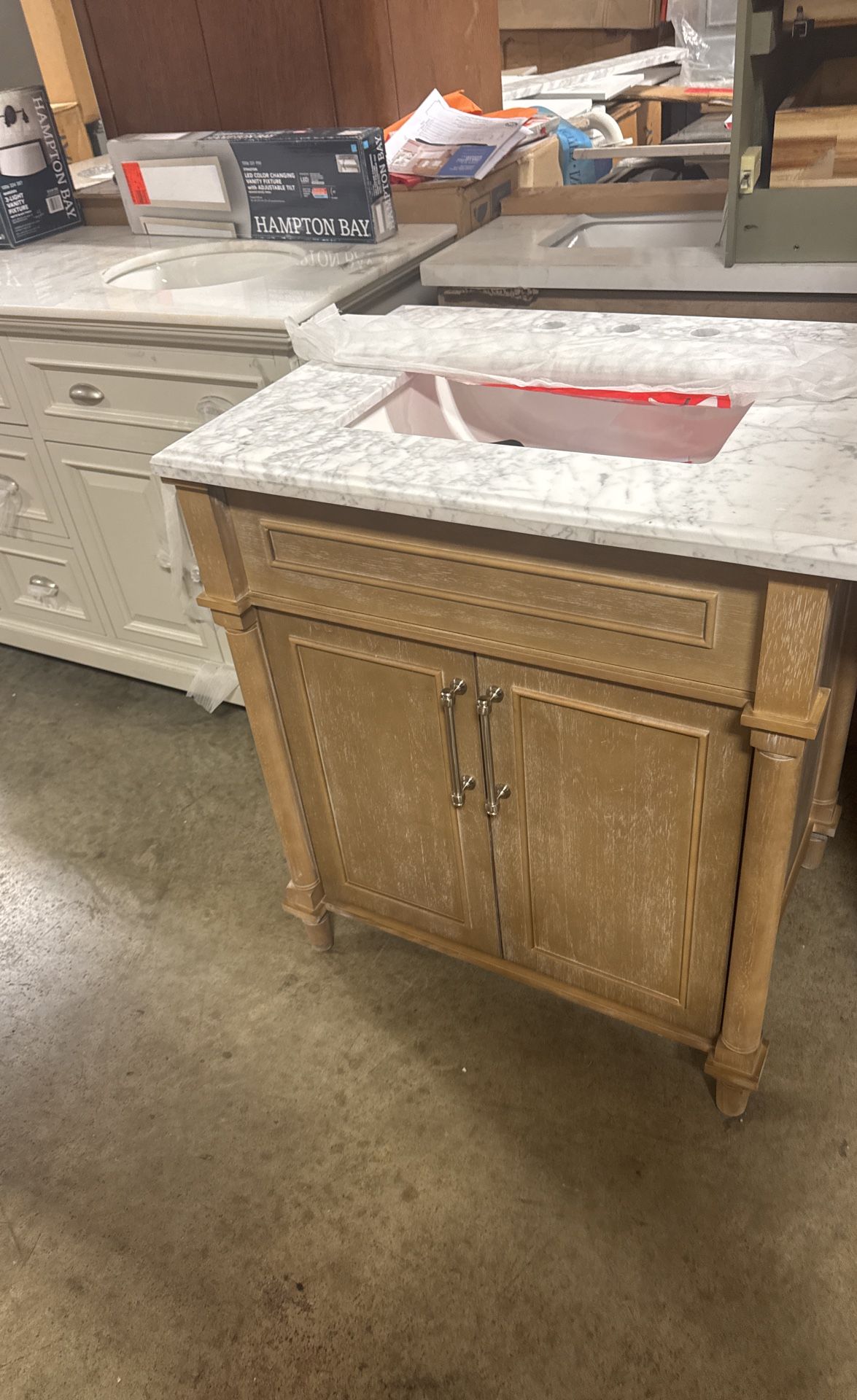 Home Decorators Collection Aberdeen 30 in. Single Sink Antique Oak Bath Vanity with Carrara Marble Top (Assembled)