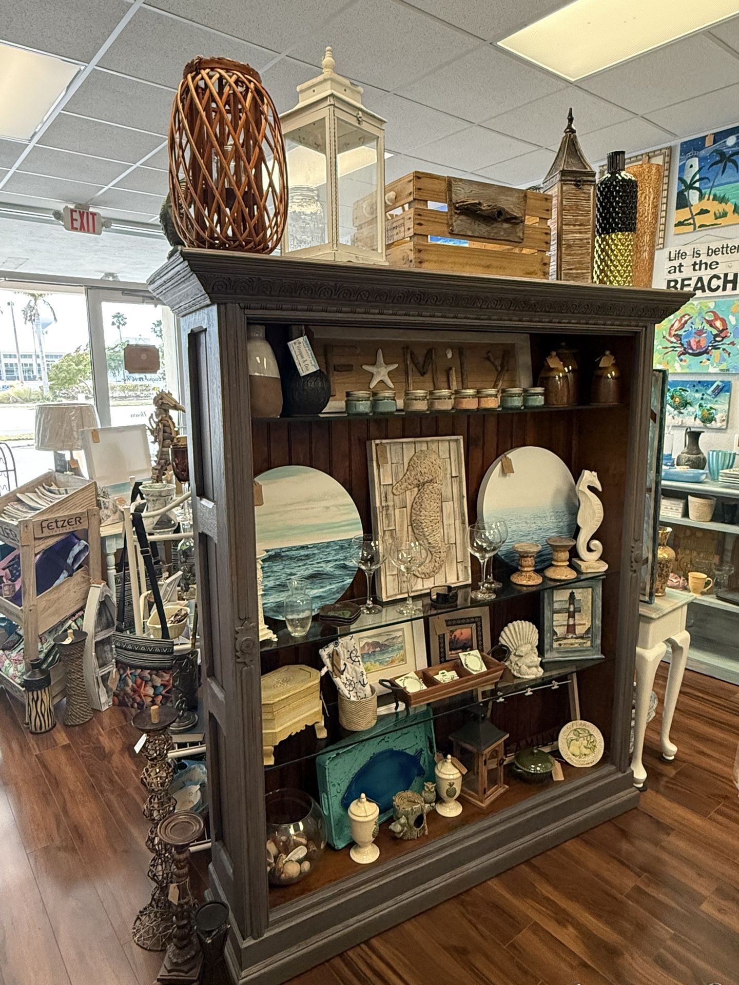Super Large Vintage Driftwood Grey Distressed Display Cabinet Glass Shelves – Coastal & Rustic Style