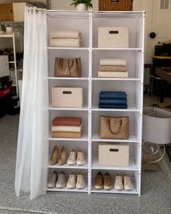 Portable 10-Cubby Closet Organizer with Hanging Rod & Privacy Curtain – White
