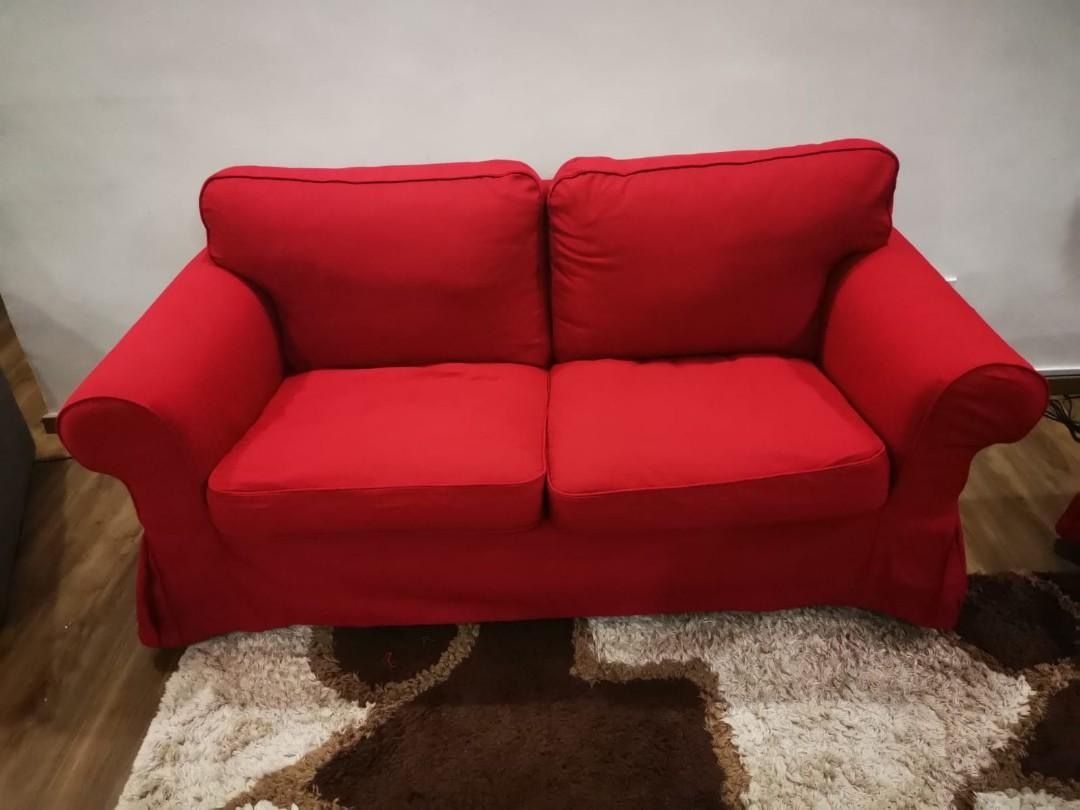 IKEA Loveseat, LIKE NEW. Custom made washable removable cover in Rose Red.