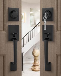 Goldenwarm Double Front Door Lock Set, Black Double Door Handle Set, Matte Black Double Door Handle with Dummy, Modern Double Front Door Hardware Set 