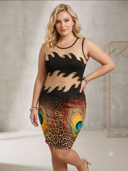 NWOT Women Sheer Mesh Flame Cutout Sequin Leopard Peacock Dress Size L
