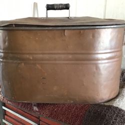 ANTIQUE COPPER BOILER WASHER TUBE, W/LID AND WOODEN HANDLES,  $75.00