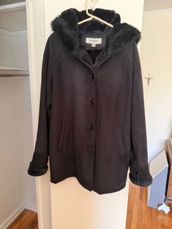 Liz Claiborne black faux-suede and faux-fur hooded coat