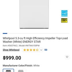 Whirl Pool 5.3-cu Ft High Efficiency Impeller Top-Load Washer (White)