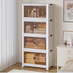 16 Gal Stackable Storage Bins with Lid, 4 Pack Plastic Collapsible Storage Cabinet, Foldable Folding Box Organizer/Storage Container Cart with Wheel a