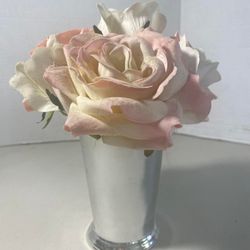 Silver Vase With Faux White and Pink Roses Beautiful Soft Flowers