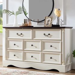 8 Drawers Dresser, 54" Wide Farmhouse Chest of Drawers with Charging Station, Distressed Finish Design, Modern Storage Dressers Organizer TV Stand 