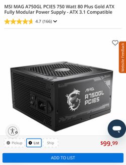 Brand New Sealed MSI MAG A750GL PCIE5 750W 80+ Gold Fully Modular ATX 3.1 PSU