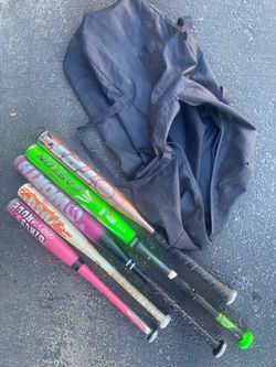 Lot of 5 Softball Bats with Bat Bag