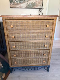 Vintage Wicker 5-Drawer Dresser with Iron Base