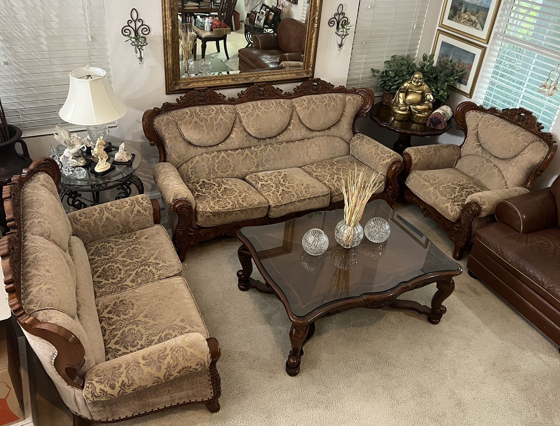 Couch Sofa Loveseat Chair 3-piece European-style living room set with carved wood upholstered seating.  *AS-IS CUSHIONS NEED RESTORING