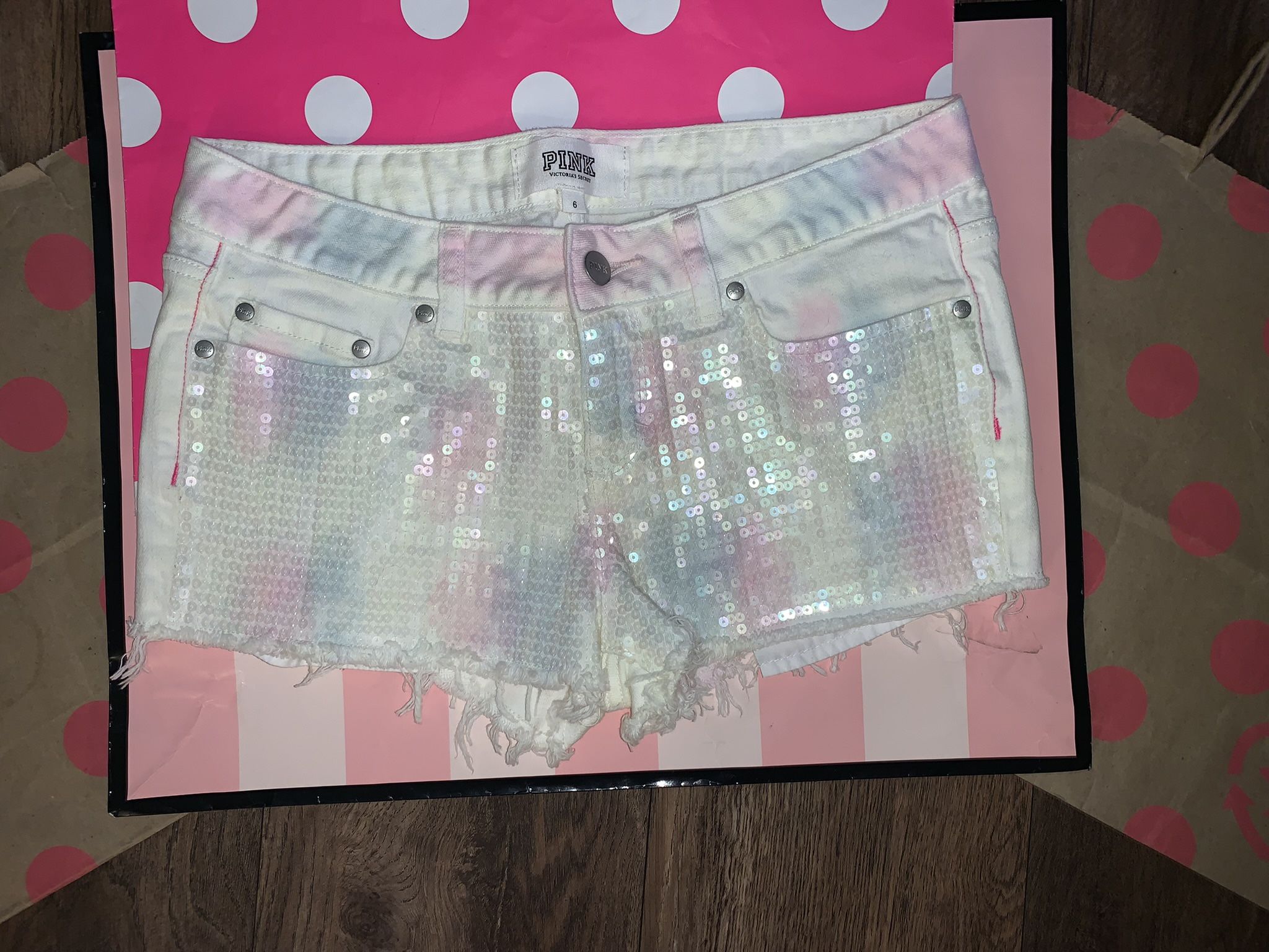 VS PINK size 6 RARE HTF White With Pastel Tie Dye Bling Denim Shorts ...