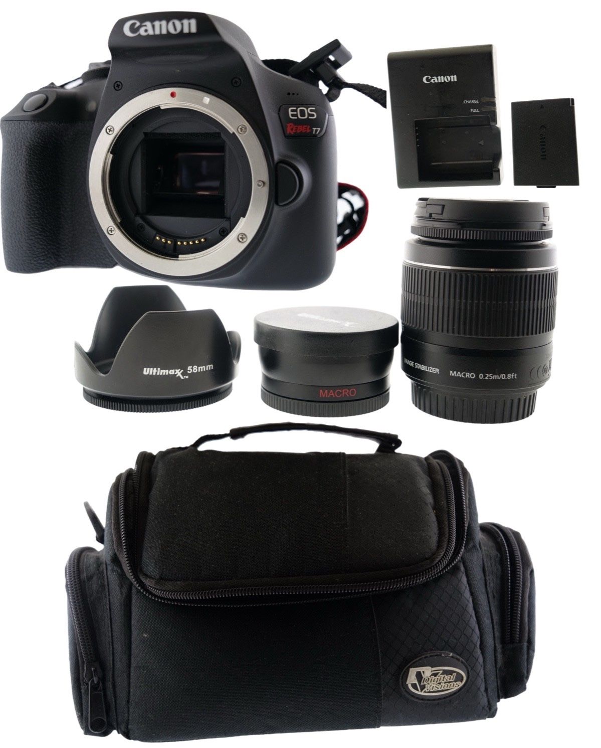 Canon EOS Rebel T7 Digital SLR Camera w/ EF-S 18–55mm Lens, Charger, Battery kit