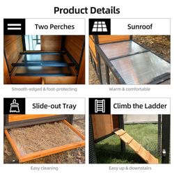 brown+black Wooden Chicken Coop, Large Outdoor Hen House with Run and Nesting Box Poultry Cage, Rabbit Hutch, Waterproof Anti-UV Panel for Backyard