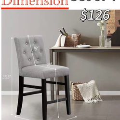 😀 4Pcs 24" Counter-Height Bar Stools, Modern Bar Chairs Barstools , Gray with Back, Fabric, Upholstered, Button Tufted, Wooden, Island Stools