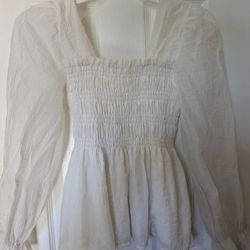 White summer smocked ruffle babydoll tunic shirt top women junior XS
