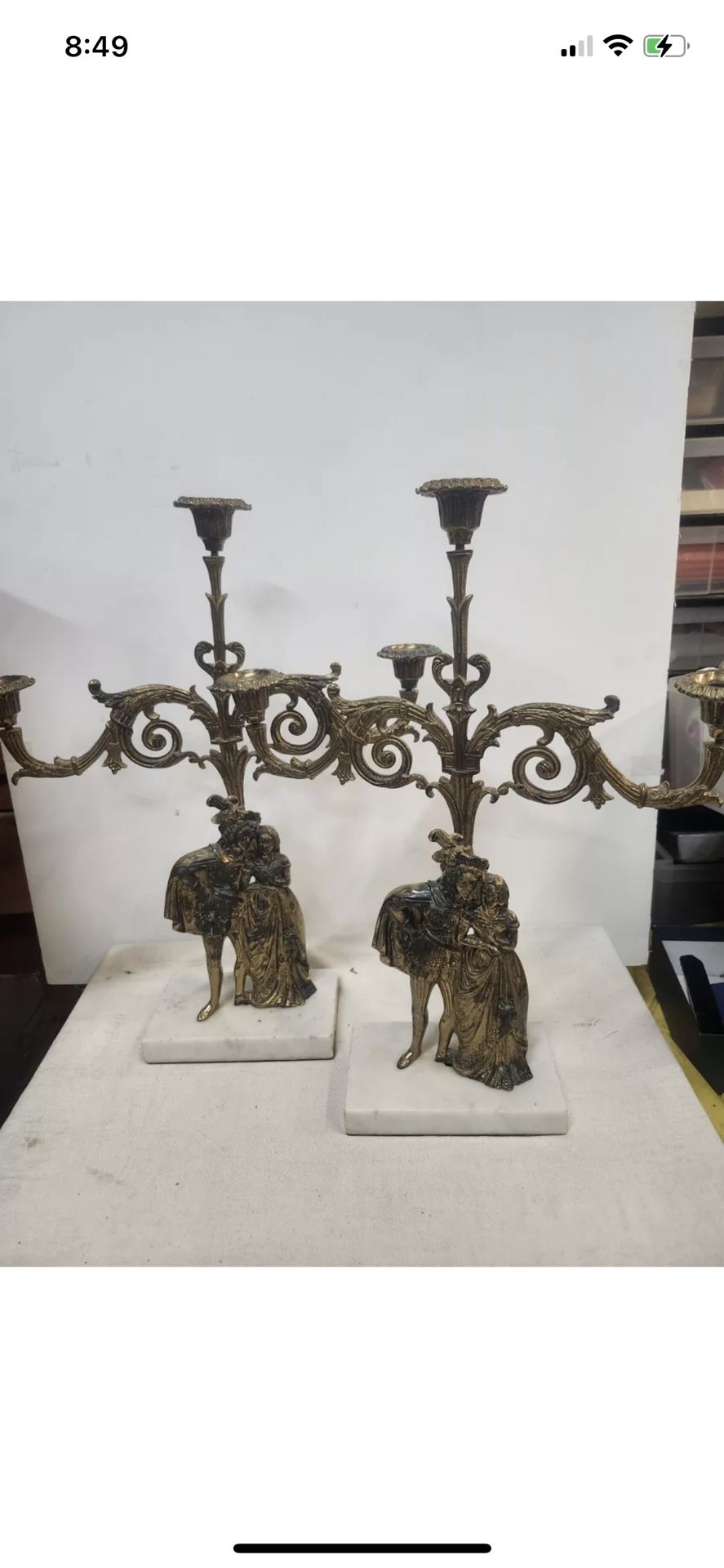 Antique Ornate Gold Renaissance Girandole Candelabra W/ Marble Base Set Of 2