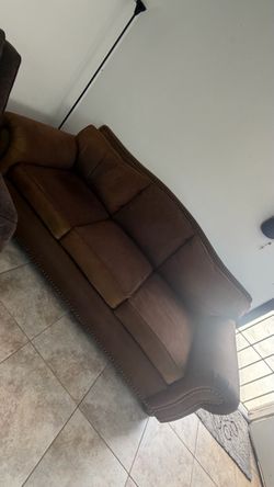 Brown Fabric Loveseat with Nailhead Trim
