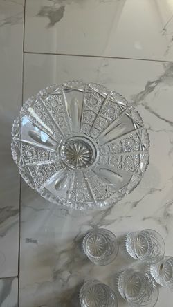 Set Of 6 Crystal Whiskey Glasses W/ Large Cut Glass Bowl Japan 3"H Glasses, 5" X 11.5" Bowl