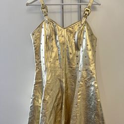 RARE L.A. Roxx Vintage Golden  Leather Mini Dress Studded Rhinestone 1980 RARE Size L