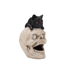Halloween Black Cat Skull Statue with LED Light, Fog Smoke Effect Resin Decor