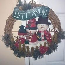 Let It Snow’ Banner On 20” Winter Snowman Snow Family Grapevine Wreath and some festive bells to go