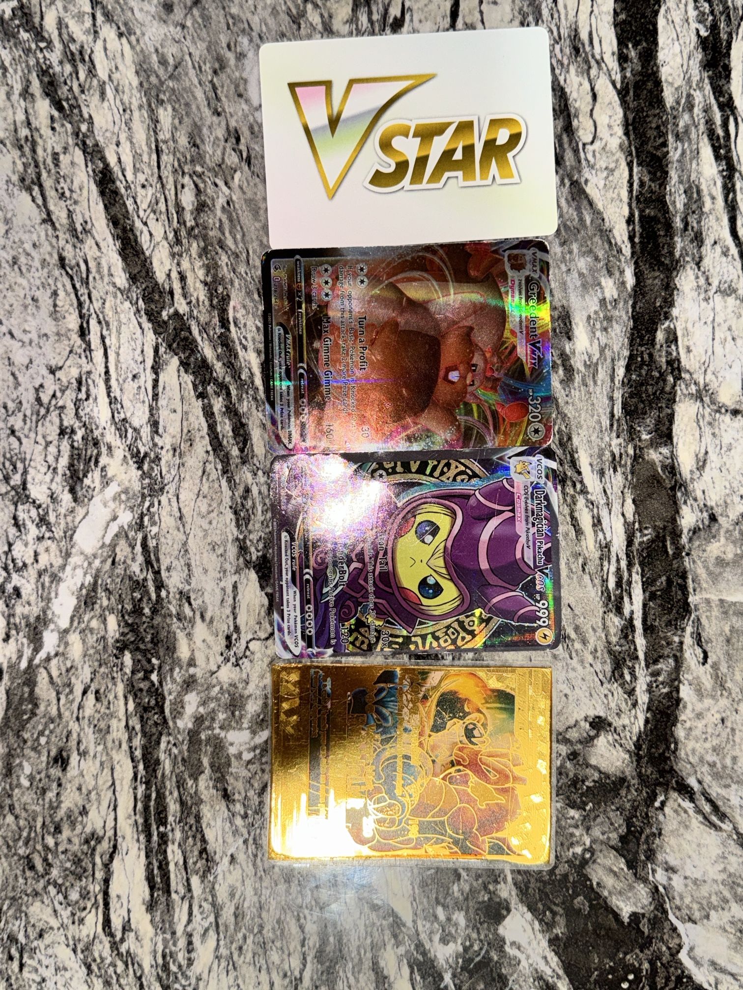 4 Pokémon Card: V Star, Greedent VMAX Ultra Rare Holo Pokémon, Dark Magician Pikachu VCOS, Charizard and Blastoise