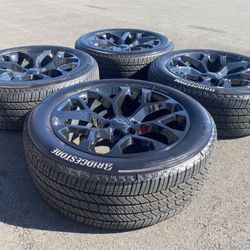 22” Factory Style Black Chevy snowflake 6 lug wheels & Bridgestone tires 95%+ tread ~ Silverado Sierra tahoe Yukon Denali avalanche Escalade suburban 