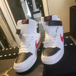 Size 6 Boys)- Nike Court Borough 2 Mid White Black University Red
