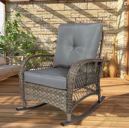 Outdoor Wicker Rocking Chair, Patio Rattan Rocker Chair with Steel Frame, Rocking Lawn Chair Patio Furniture, Light Brown Wicker & Grey Cushions
